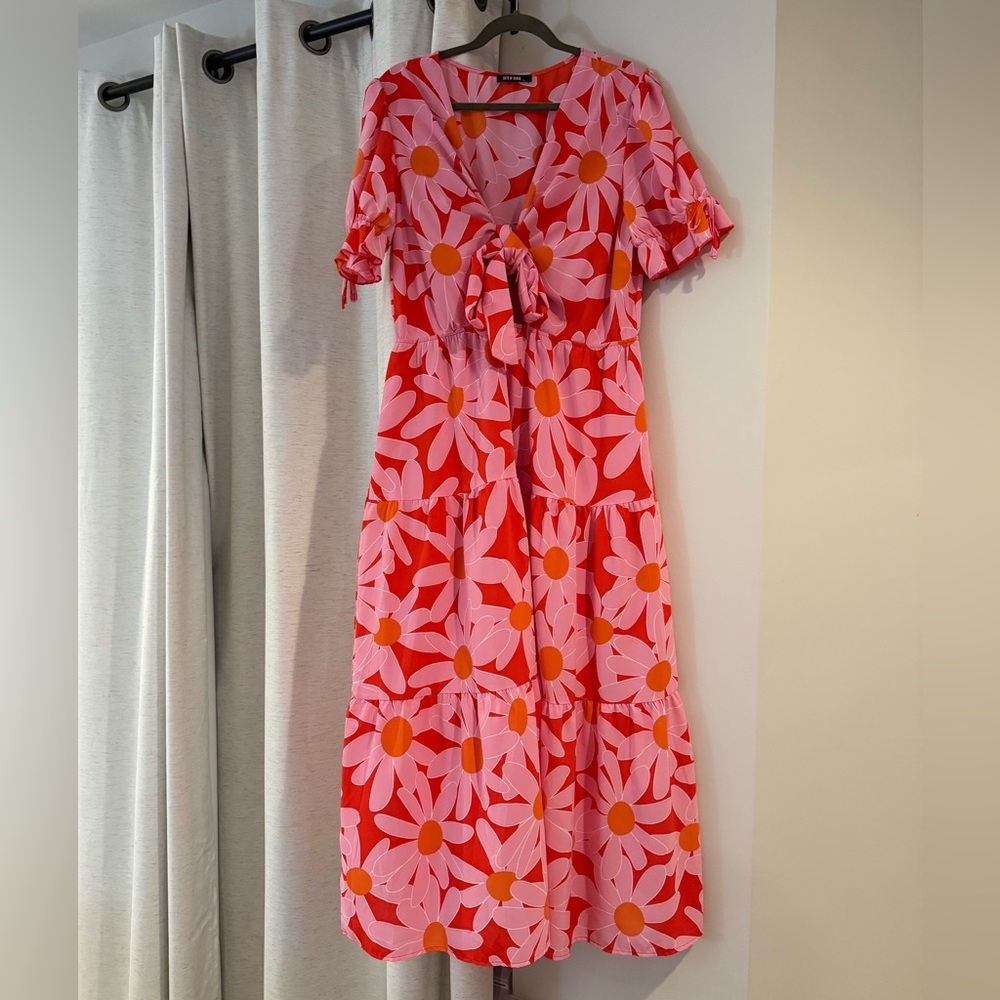 Floral Red, Orange, and Pink Maxi Dress with front tie
